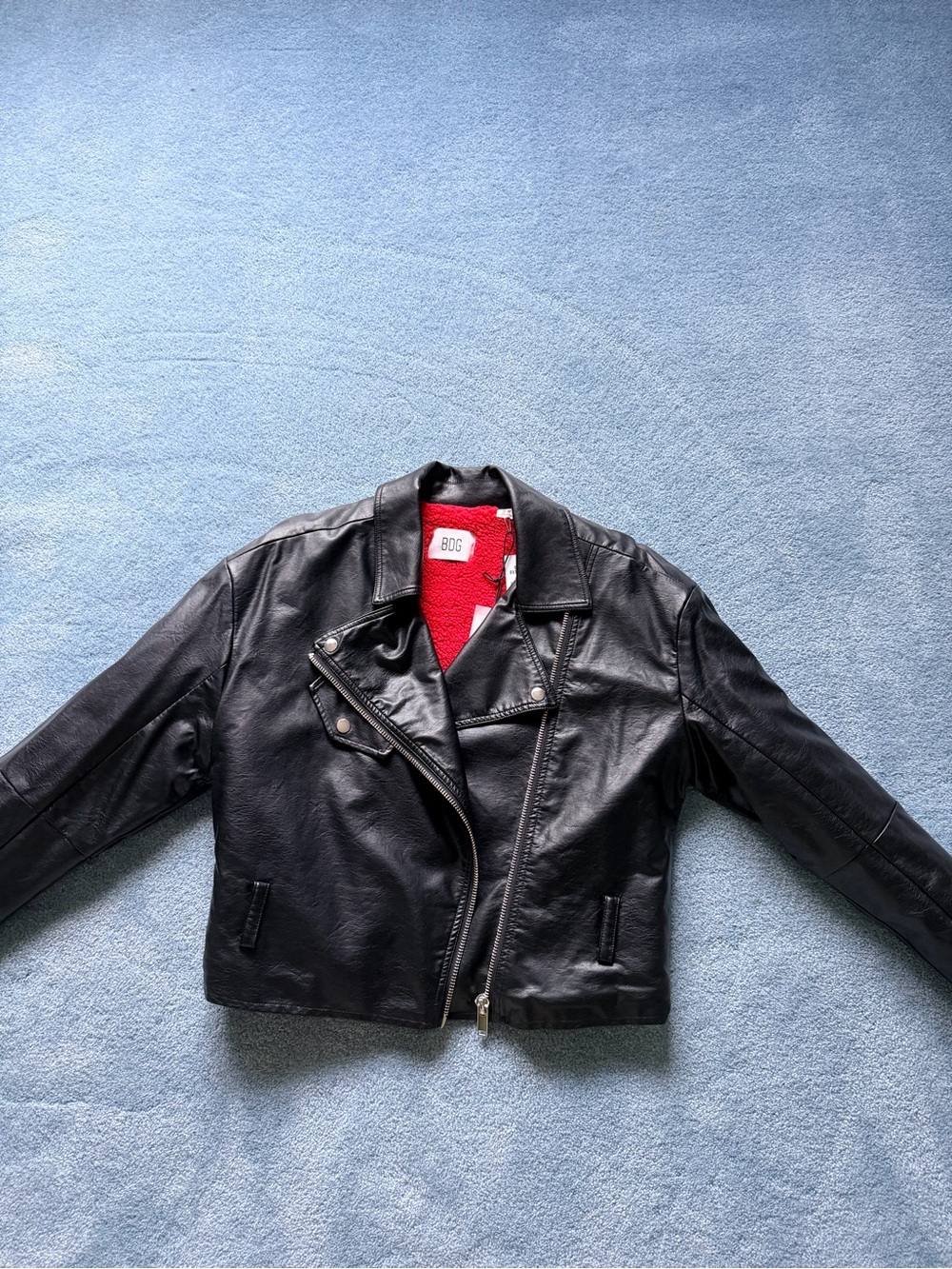 Urban Outfitters Black Faux Leather Moto Jacket with Red Lining